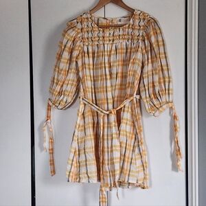 Daughters Of India Yellow Plaid Smocked-Waist Women's Dress